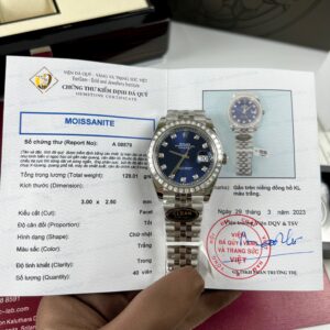 Đồng Hồ Rolex Mặt Xanh Dương DateJust Clean Độ Kim Cương Moissanite Baguette 41mm