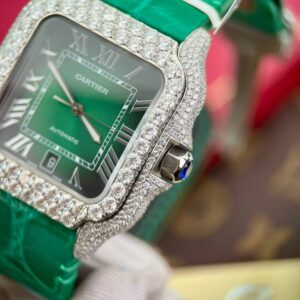 Đồng Hồ Cartier Santos Nam Dây Da Đính Moissanite Hong Kong (1)