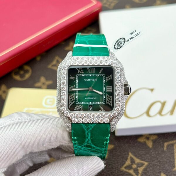 Đồng Hồ Cartier Santos Nam Dây Da Đính Moissanite Hong Kong (1)