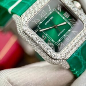 Đồng Hồ Cartier Santos Nam Dây Da Đính Moissanite Hong Kong (1)