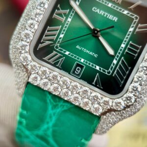 Đồng Hồ Cartier Santos Nam Dây Da Đính Moissanite Hong Kong (1)