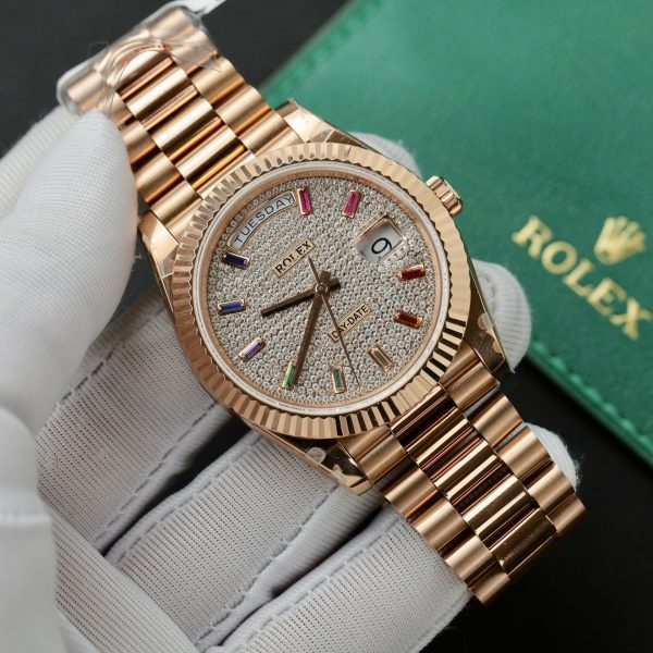 Đồng Hồ Cơ Rolex Day-Date Bọc Vàng Hồng Độ Moissanite Full Mặt GMF (1)