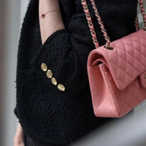 Túi Xách Chanel Classic Nữ Màu Hồng Đậm Khoá Màu Trắng Like Auth 23cm (2)