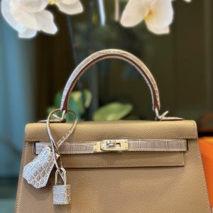 Túi Xách Hermes Kelly Nữ Màu Nâu Khoá Bạc Like Auth 25cm (2)