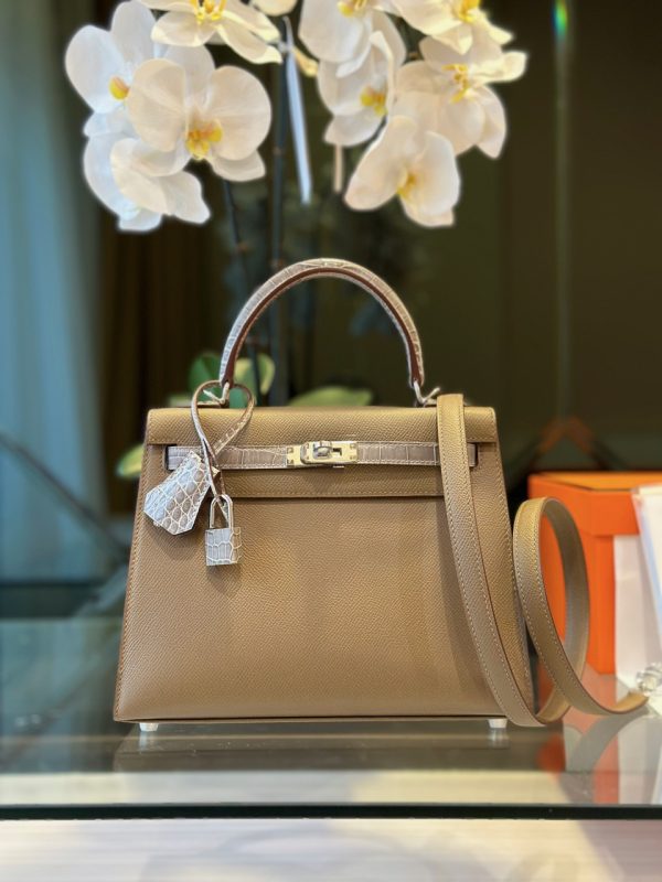 Túi Xách Hermes Kelly Nữ Màu Nâu Khoá Bạc Like Auth 25cm (2)