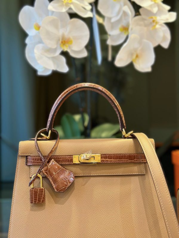 Túi Xách Hermes Kelly Replica 11 Nữ Màu Nâu Mix Da Cá Sấu 25cm (2)