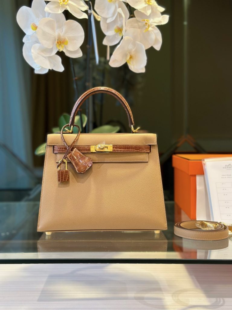 Túi Xách Hermes Kelly Replica 11 Nữ Màu Nâu Mix Da Cá Sấu 25cm (2)