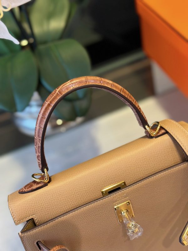 Túi Xách Hermes Kelly Replica 11 Nữ Màu Nâu Mix Da Cá Sấu 25cm (2)