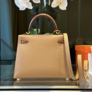 Túi Xách Hermes Kelly Replica 11 Nữ Màu Nâu Mix Da Cá Sấu 25cm (2)