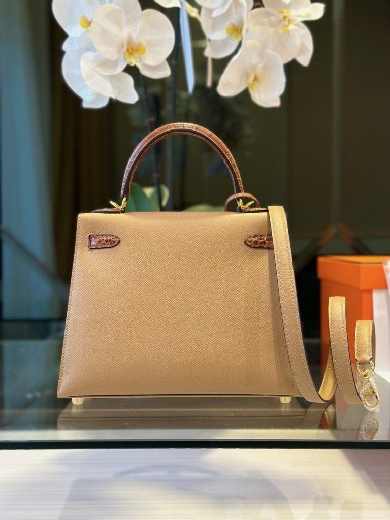 Túi Xách Hermes Kelly Replica 11 Nữ Màu Nâu Mix Da Cá Sấu 25cm (2)