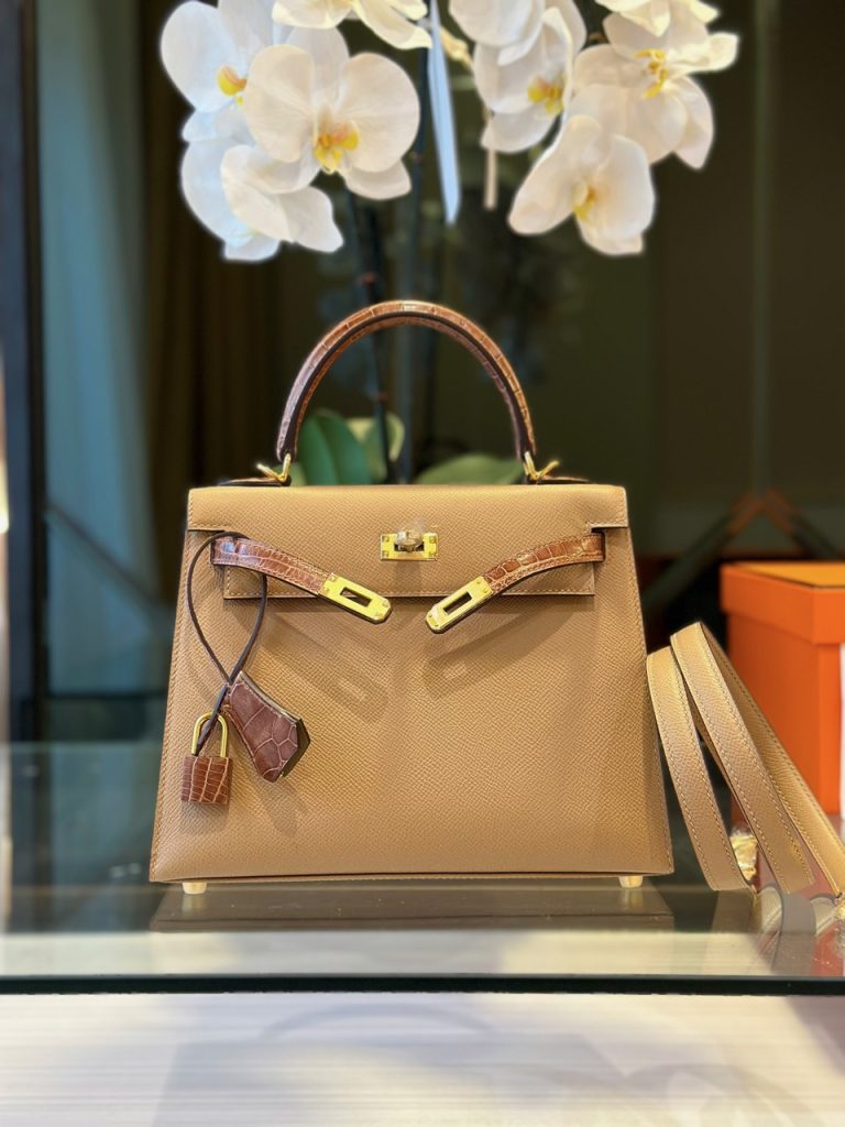 Túi Xách Hermes Kelly Replica 11 Nữ Màu Nâu Mix Da Cá Sấu 25cm (2)