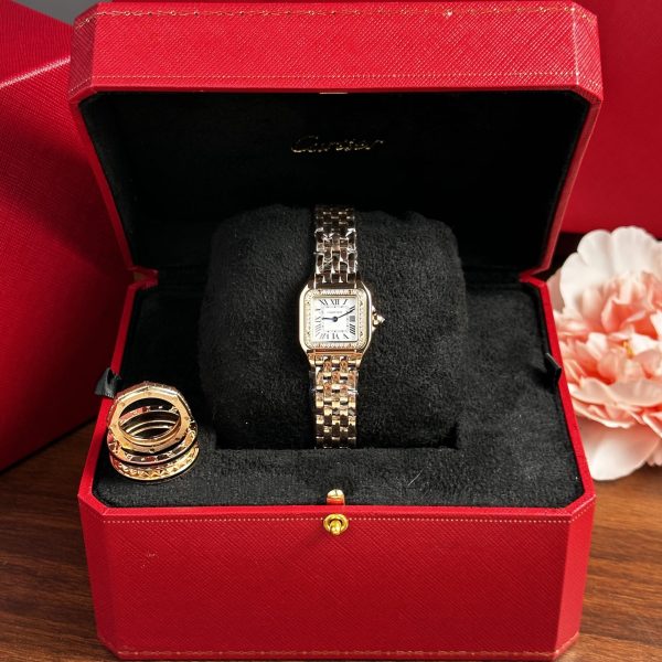 Đồng Hồ Cartier Panthere Chế Tác Nữ Màu Vàng Hồng Đính Đá BV Factory 23x30mm (1)