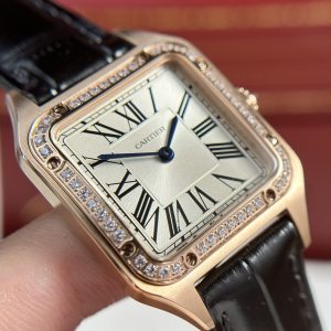 Đồng Hồ Cartier Santos Dumont Đính Đá Dây Da Màu Đen F1 Factory