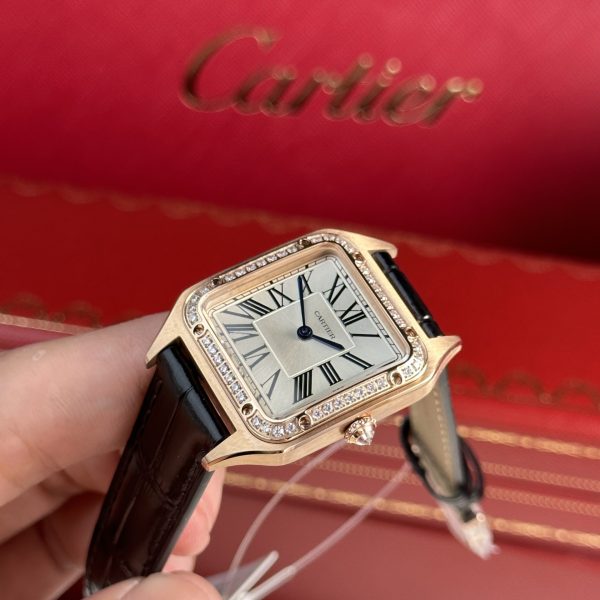 Đồng Hồ Cartier Santos Dumont Đính Đá Dây Da Màu Đen F1 Factory