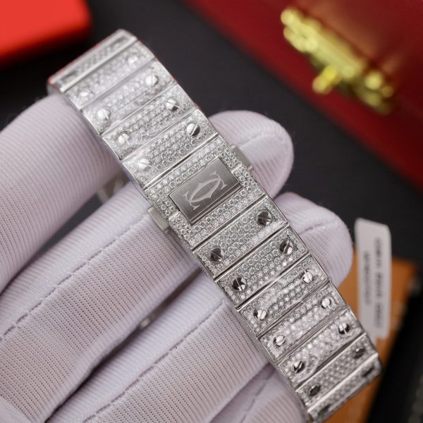 Đồng Hồ Cartier Santos Đính Full Kim Cương Nhân Tạo Moissanite Hong Kong 35mm (9)