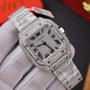 Đồng Hồ Cartier Santos Đính Kim Cương Nhân Tạo Moissanite