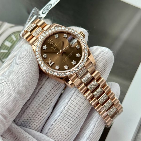 Đồng Hồ Rolex DateJust Nữ Bọc Vàng Độ Moissanite Cọc Số Ngôi Sao 31mm (9)