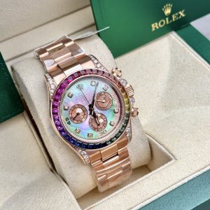 Đồng Hồ Rolex Daytona Rainbow Đính Kim Cương Tự Nhiên Bọc Vàng Mặt Khảm Trai 40mm (1)