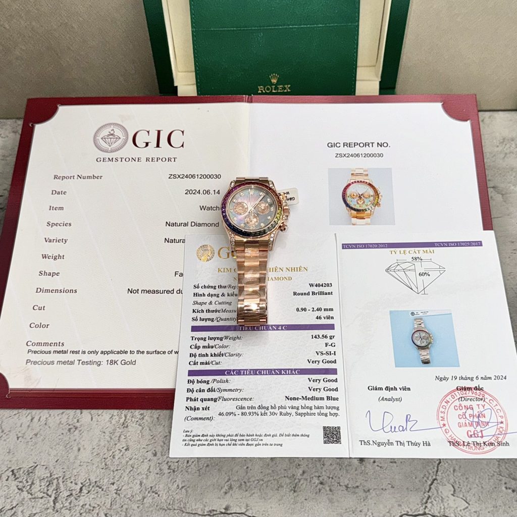 Đồng Hồ Rolex Daytona Rainbow Đính Kim Cương Tự Nhiên Bọc Vàng Mặt Khảm Trai 40mm (4)