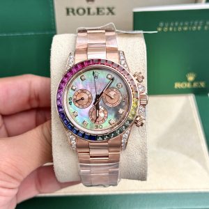 Đồng Hồ Rolex Daytona Rainbow Đính Kim Cương Tự Nhiên Bọc Vàng Mặt Khảm Trai 40mm (4)