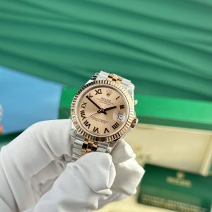 Đồng Hồ Rolex Nữ Dây Kim Loại Mặt Hồng Cọc Số La Mã Replica DateJust 31mm (4)