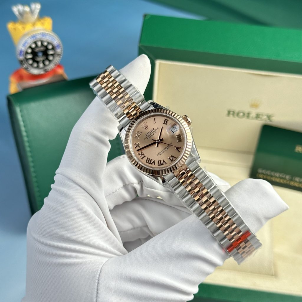 Đồng Hồ Rolex Nữ Dây Kim Loại Mặt Hồng Cọc Số La Mã Replica DateJust 31mm (4)