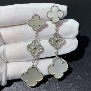 Bông Tai Nữ Van Cleef & Arpels Magic Alhambra Chế Tác Xà Cừ Kim Cương Vàng Trắng 18K (2)