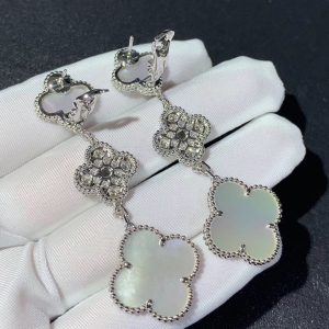 Bông Tai Nữ Van Cleef & Arpels Magic Alhambra Chế Tác Xà Cừ Kim Cương Vàng Trắng 18K (2)