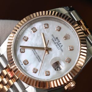 Đồng Hồ Rolex Bọc Vàng Mặt Khảm Trai Trắng Cọc Số Moissanite GMF 41mm (2)