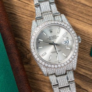 Đồng Hồ Rolex DateJust Đính Full Kim Cương Moissanite Hong Kong Mặt Bạc 41mm (11)