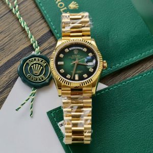 Đồng Hồ Rolex Day-Date Bọc Vàng Mặt Số Ombre Xanh Lá Cây Replica 36mm (1)