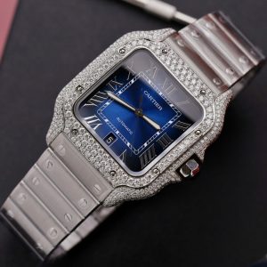 Đồng Hồ Cartier Santos Chế Tác Kim Cương Moissanite Hong Kong Mặt Xanh Blue 39 (2)