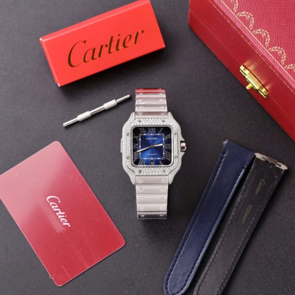 Đồng Hồ Cartier Santos Chế Tác Kim Cương Moissanite Hong Kong Mặt Xanh Blue 39 (2)