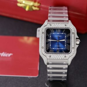 Đồng Hồ Cartier Santos Chế Tác Kim Cương Moissanite Hong Kong Mặt Xanh Blue 39 (2)