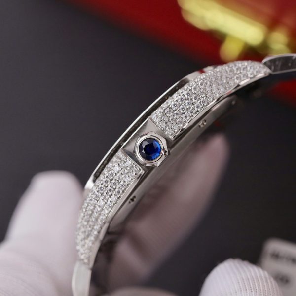 Đồng Hồ Cartier Santos Chế Tác Kim Cương Moissanite Hong Kong Mặt Xanh Blue 39 (2)