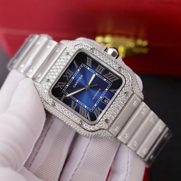 Đồng Hồ Cartier Santos Chế Tác Kim Cương Moissanite Hong Kong Mặt Xanh Blue 39 (2)