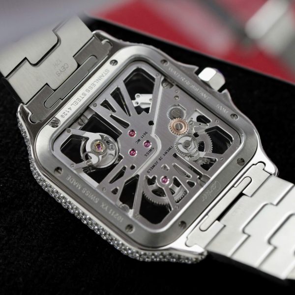 Đồng Hồ Cartier Santos Large Skeleton WHSA0015 Đính Full Kim Cương Moissanite 39 (2)