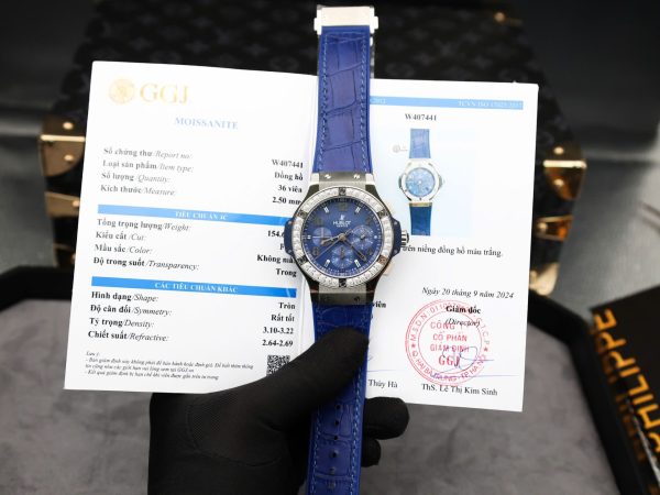 Đồng Hồ Hublot Big Bang Chronograph Chế Tác Viền Đính Kim Cương Moissanite Màu Xanh Blue 44mm (2)