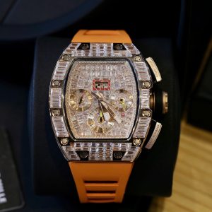 Đồng Hồ Richard Mille RM011 Replica 11 Đính Full Đá Baguette Dây Cao Su Màu Cam 44mm (2)