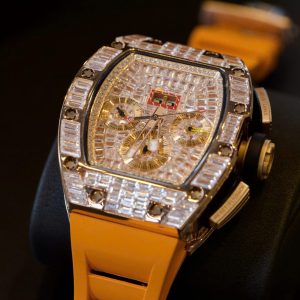 Đồng Hồ Richard Mille RM011 Replica 11 Đính Full Đá Baguette Dây Cao Su Màu Cam 44mm (2)