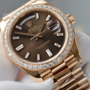 Đồng Hồ Rolex Day-Date Độ Kim Cương Moissanite Bọc Vàng Thật Mặt Chocolate GMF 40mm (13)