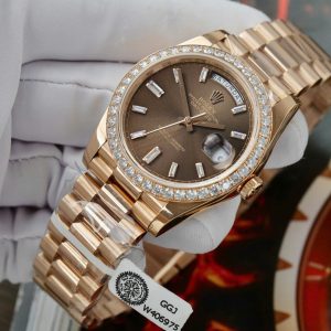 Đồng Hồ Rolex Day-Date Độ Kim Cương Moissanite Bọc Vàng Thật Mặt Chocolate GMF 40mm (13)