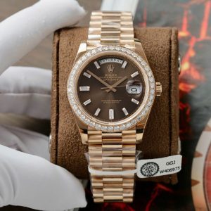 Đồng Hồ Rolex Day-Date Độ Kim Cương Moissanite Bọc Vàng Thật Mặt Chocolate GMF 40mm (13)