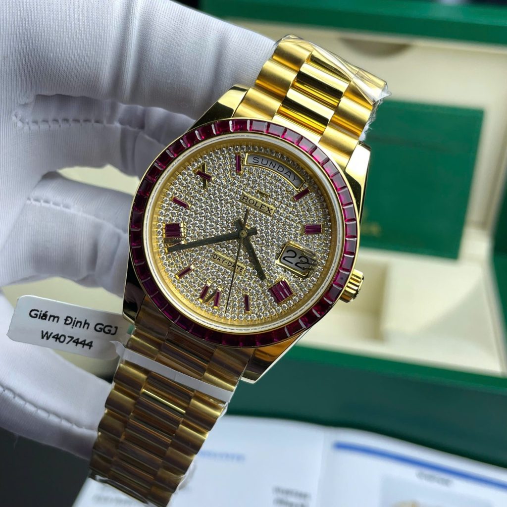 Đồng Hồ Rolex Day-Date Độ Ruby Đỏ + Kim Cương Moissanite Bọc Vàng Thật GM Factory 40mm (2)