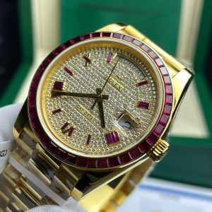 Đồng Hồ Rolex Day-Date Độ Ruby Đỏ + Kim Cương Moissanite Bọc Vàng Thật GM Factory 40mm (2)