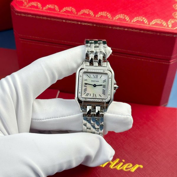 Đồng Hồ Cartier Panthere Rep 11 Mặt Khảm Xà Cừ Viền Đính Đá Nhà Máy AF 27x36mm (2)