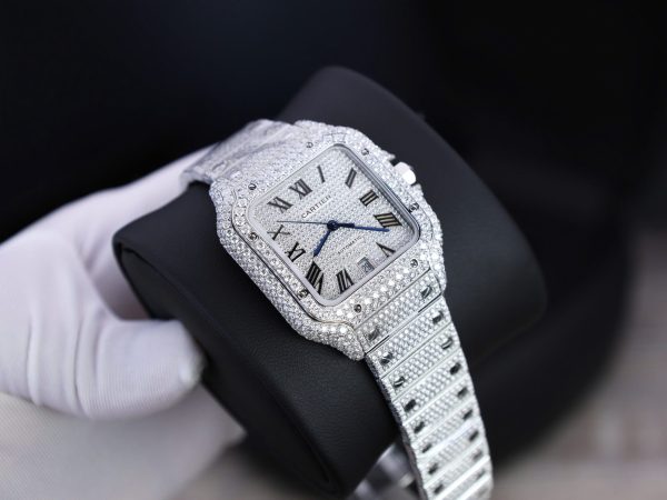 Đồng Hồ Cartier Santos Chế Tác Đính Full Kim Cương Moissanite Hong Kong 39 (2)