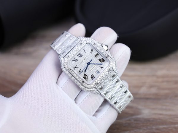 Đồng Hồ Cartier Santos Chế Tác Đính Full Kim Cương Moissanite Hong Kong 39 (2)