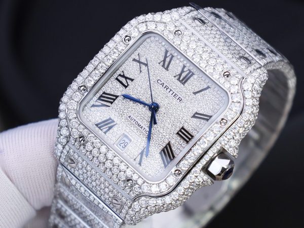 Đồng Hồ Cartier Santos Chế Tác Đính Full Kim Cương Moissanite Hong Kong 39 (2)