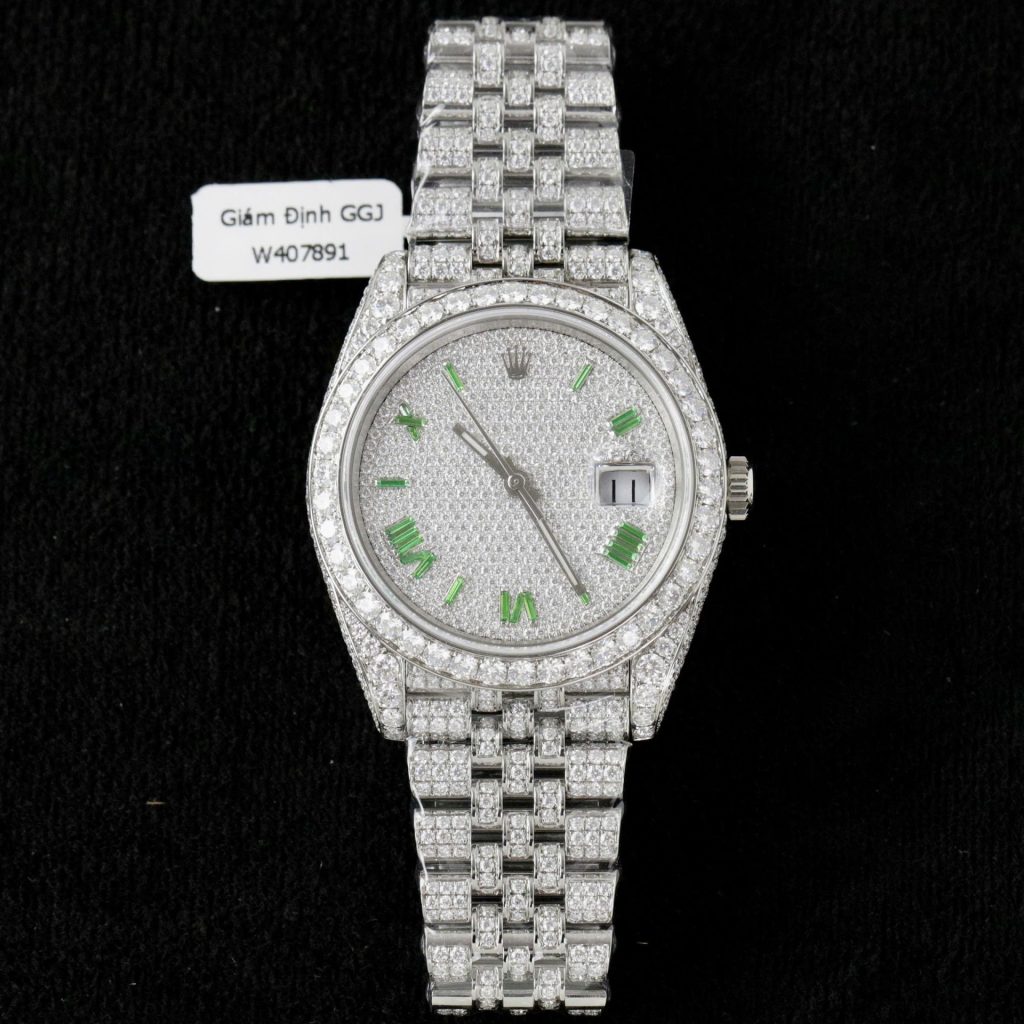 Đồng Hồ Rolex DateJust Chế Tác Đính Full Kim Cương Moissanite Cọc Số Đá Màu Xanh Lá 41mm (2)